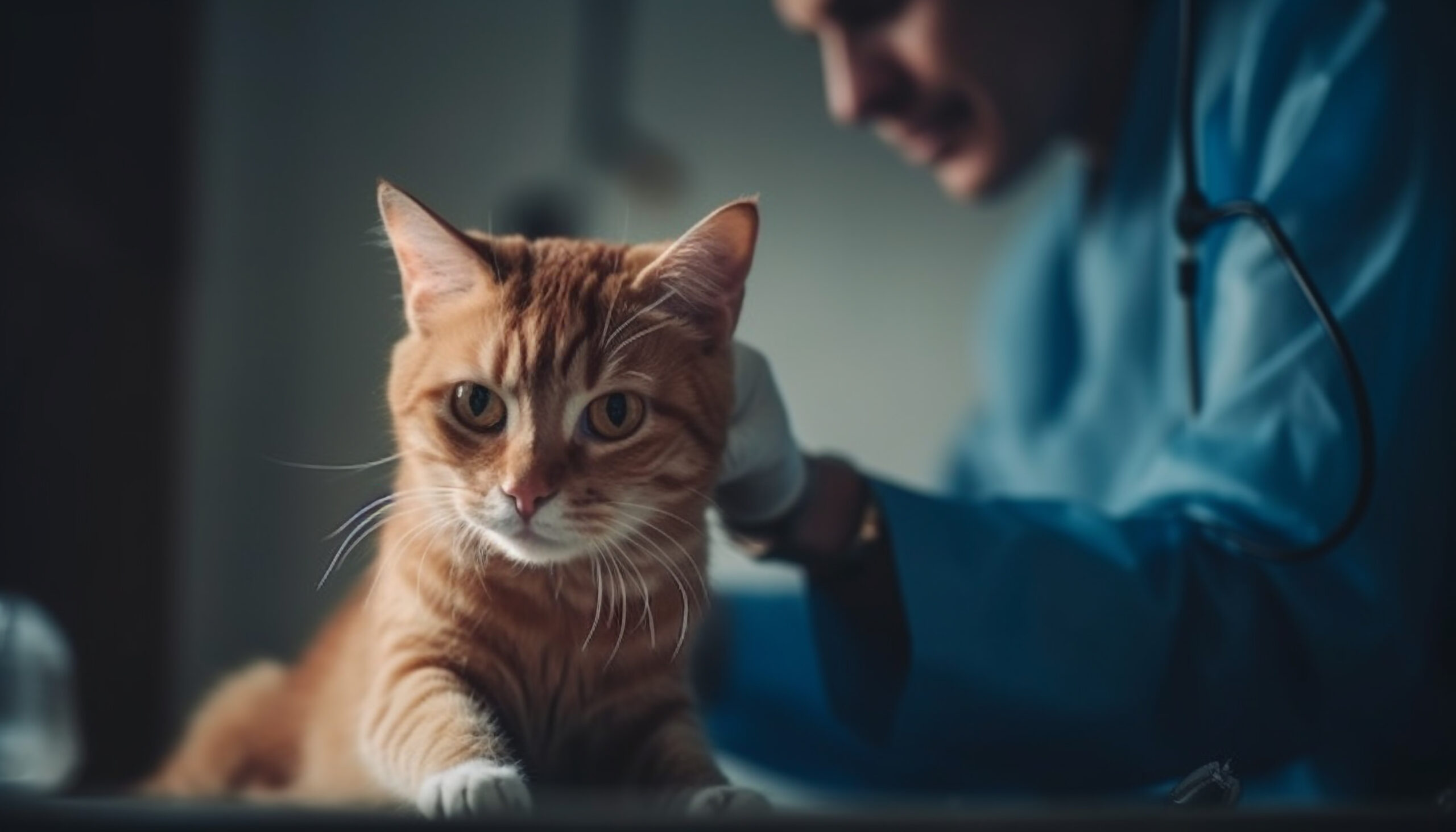 Caucasian vet examines cute feline kitten indoors generative AI